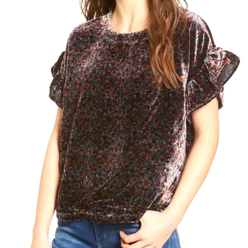 CURRENT/ELLIOTT Janie Floral Velvet Ruffle Sleeve Top 2 Whimsigoth Romantic Boho